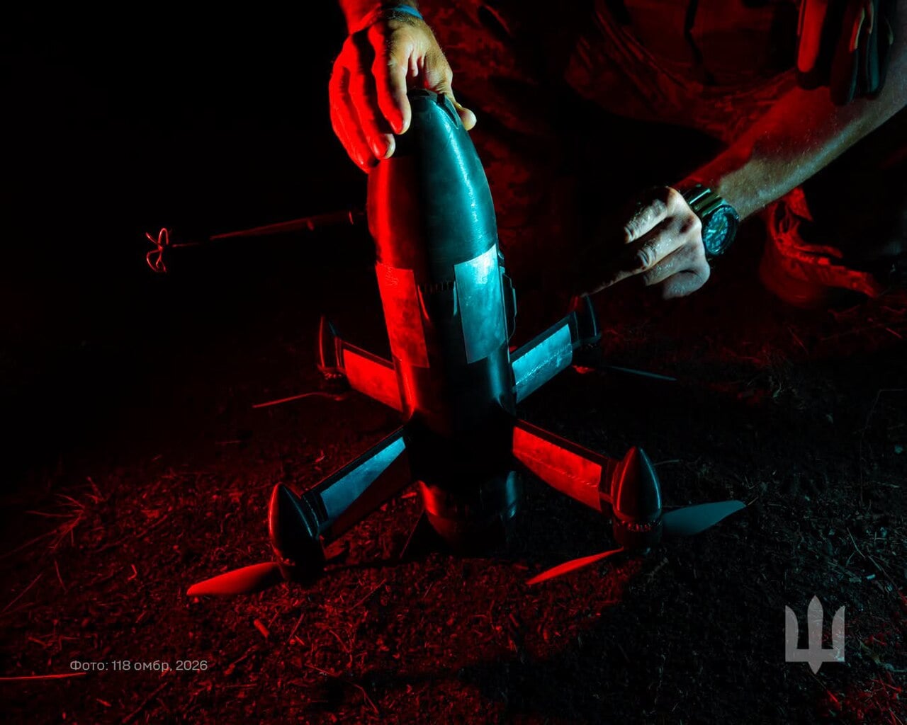 A Sting interceptor drone prepared at night by the 118th Mechanized Brigade