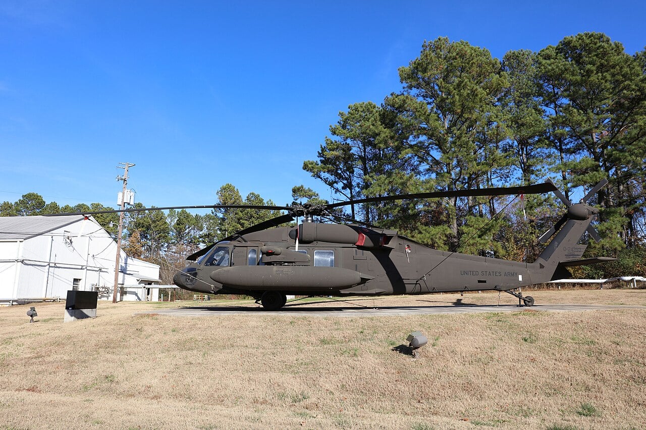A US Army Sikorsky UH-60 Black Hawk in olive drab with United States Army titles