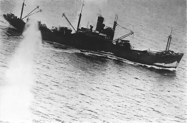 Bombs from US Fifth Air Force aircraft bracket a Japanese transport during the Battle of the Bismarck Sea
