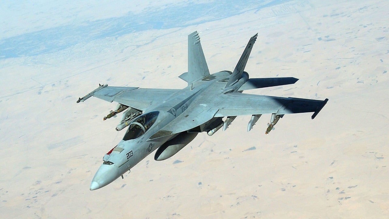 A US Navy F/A-18E Super Hornet on a mission over the Persian Gulf region