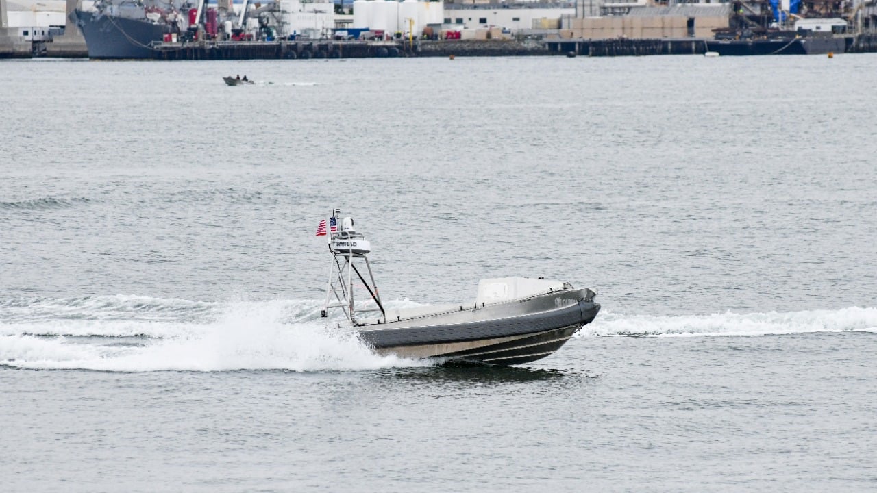 A US Navy Global Autonomous Reconnaissance Craft uncrewed surface vessel under way off Coronado