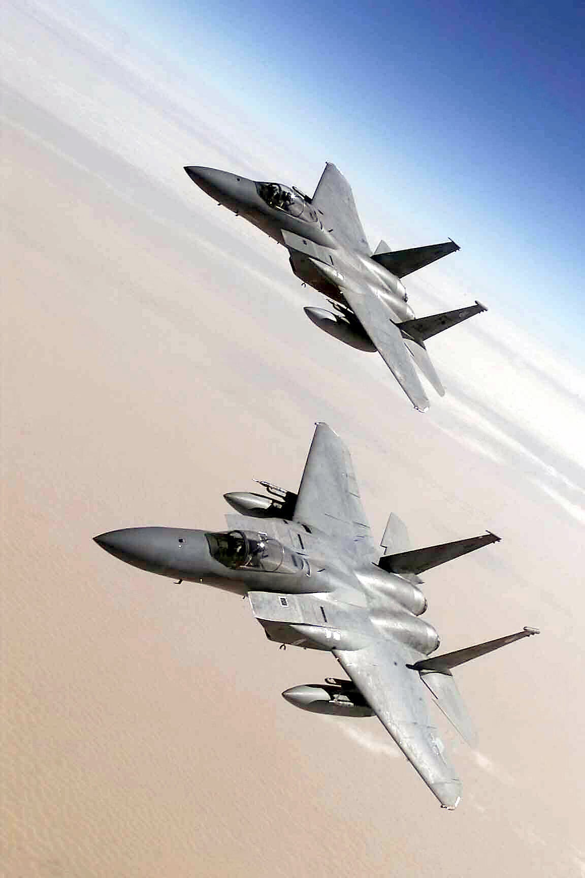 Two US Air Force F-15 Eagles of the 1st Fighter Wing patrolling a no-fly zone over Iraq