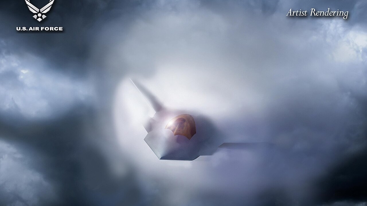 Official US Air Force artist rendering of the Boeing F-47 sixth-generation fighter in cloud