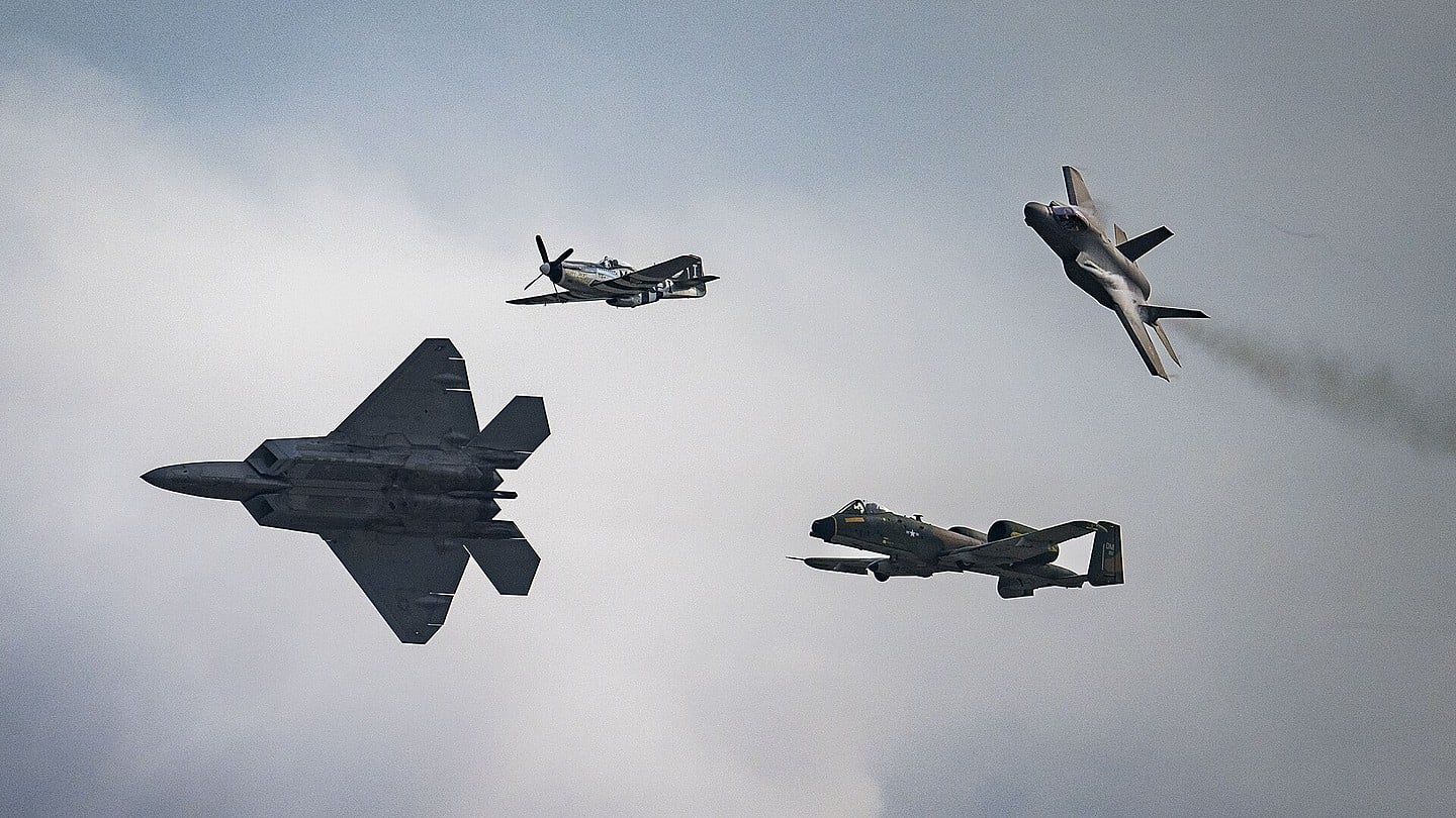 US Air Force Heritage Flight formation with a P-51 Mustang, F-22 Raptor, F-35A Lightning II and A-10 Thunderbolt II
