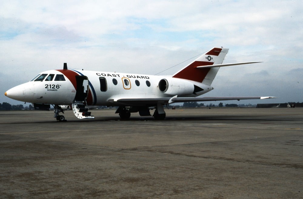A US Coast Guard HU-25A Guardian parked on a ramp