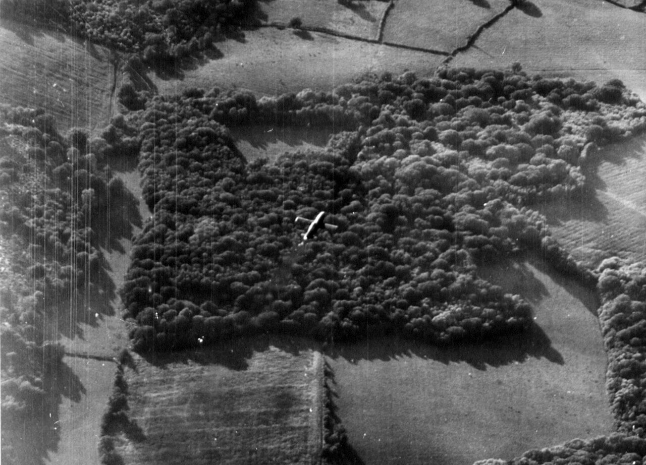 A German V-1 flying bomb photographed in flight over Europe during 1944-45