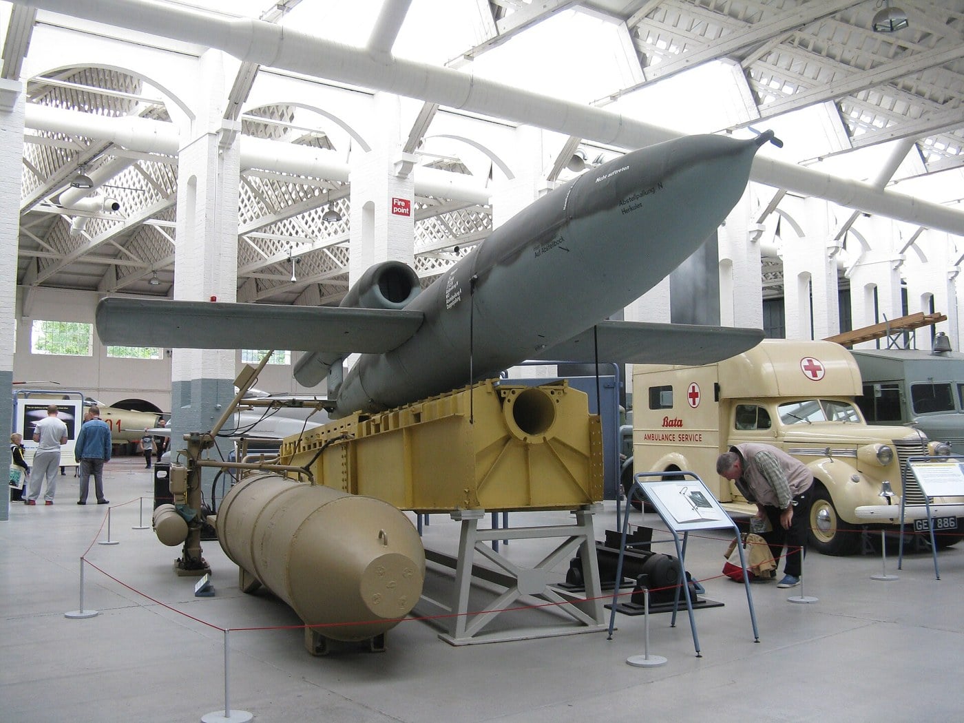 V-1 flying bomb displayed on its launch ramp