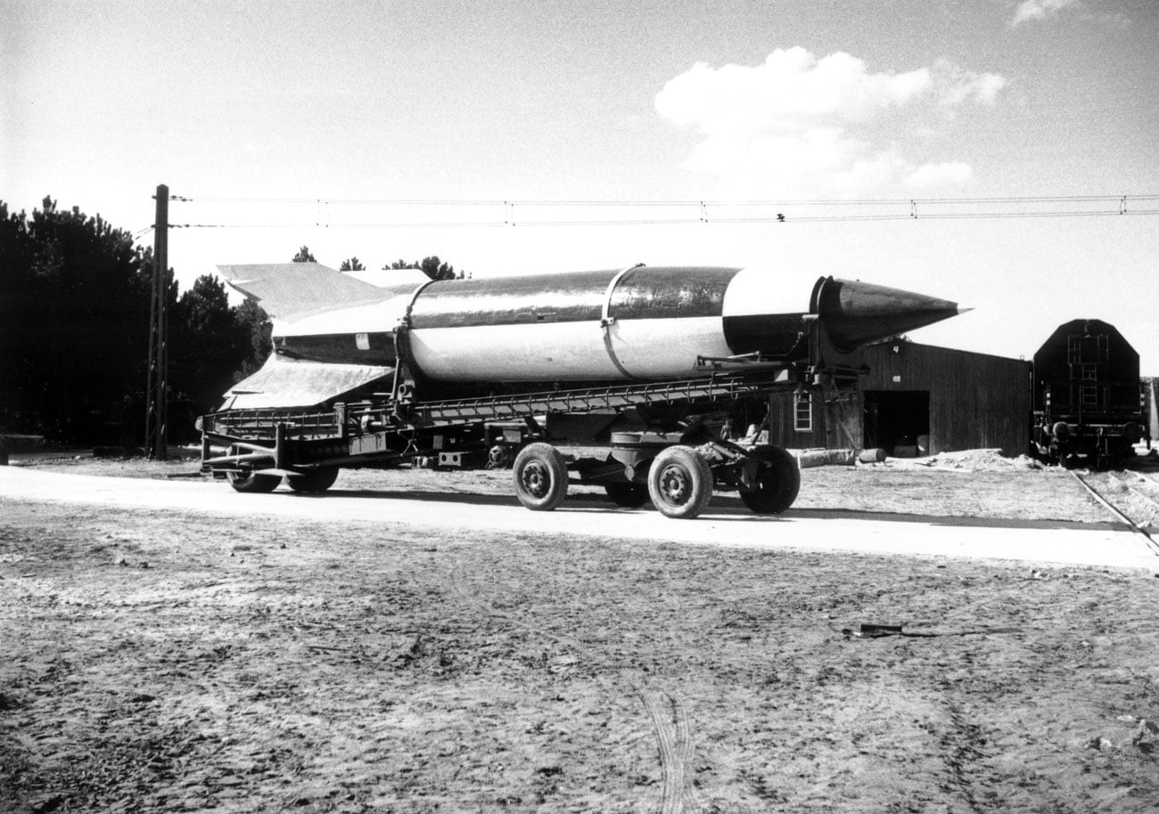 A V-2 ballistic missile lying on its Meillerwagen transporter-erector trailer