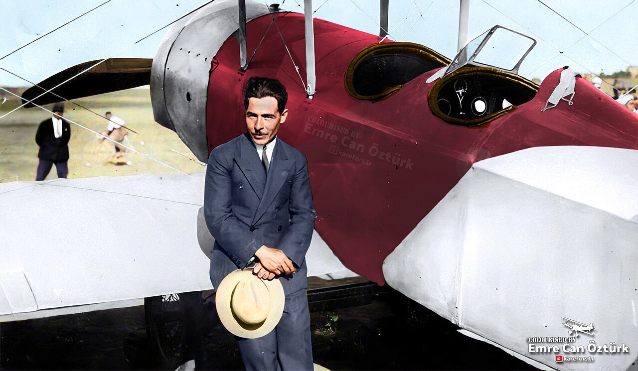Vecihi Hürkuş standing in front of one of his own aircraft, colourised photograph