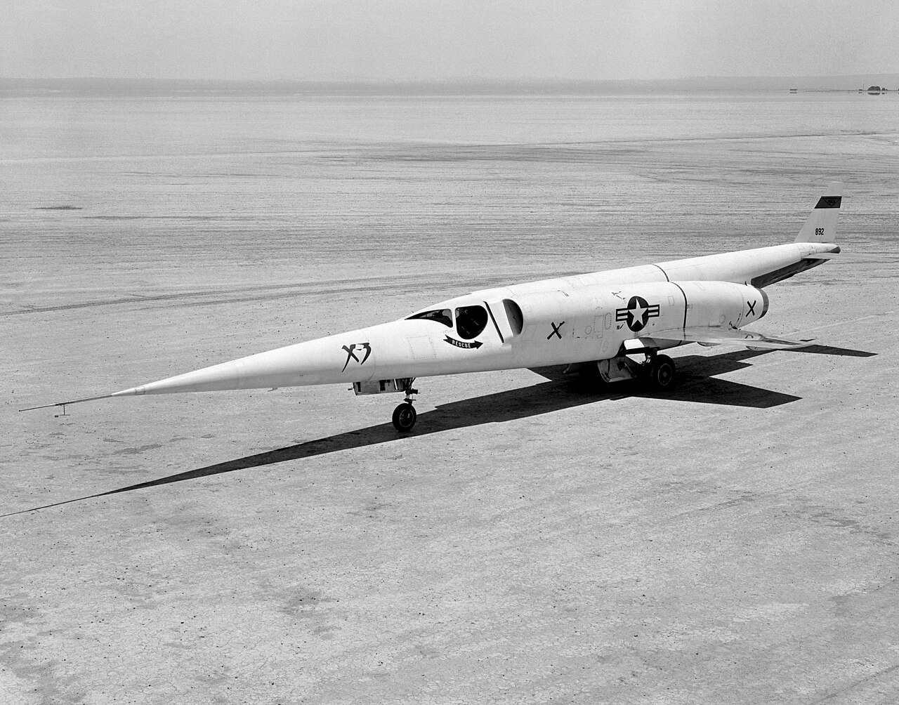 The X-3 Stiletto on the lakebed at Edwards Air Force Base