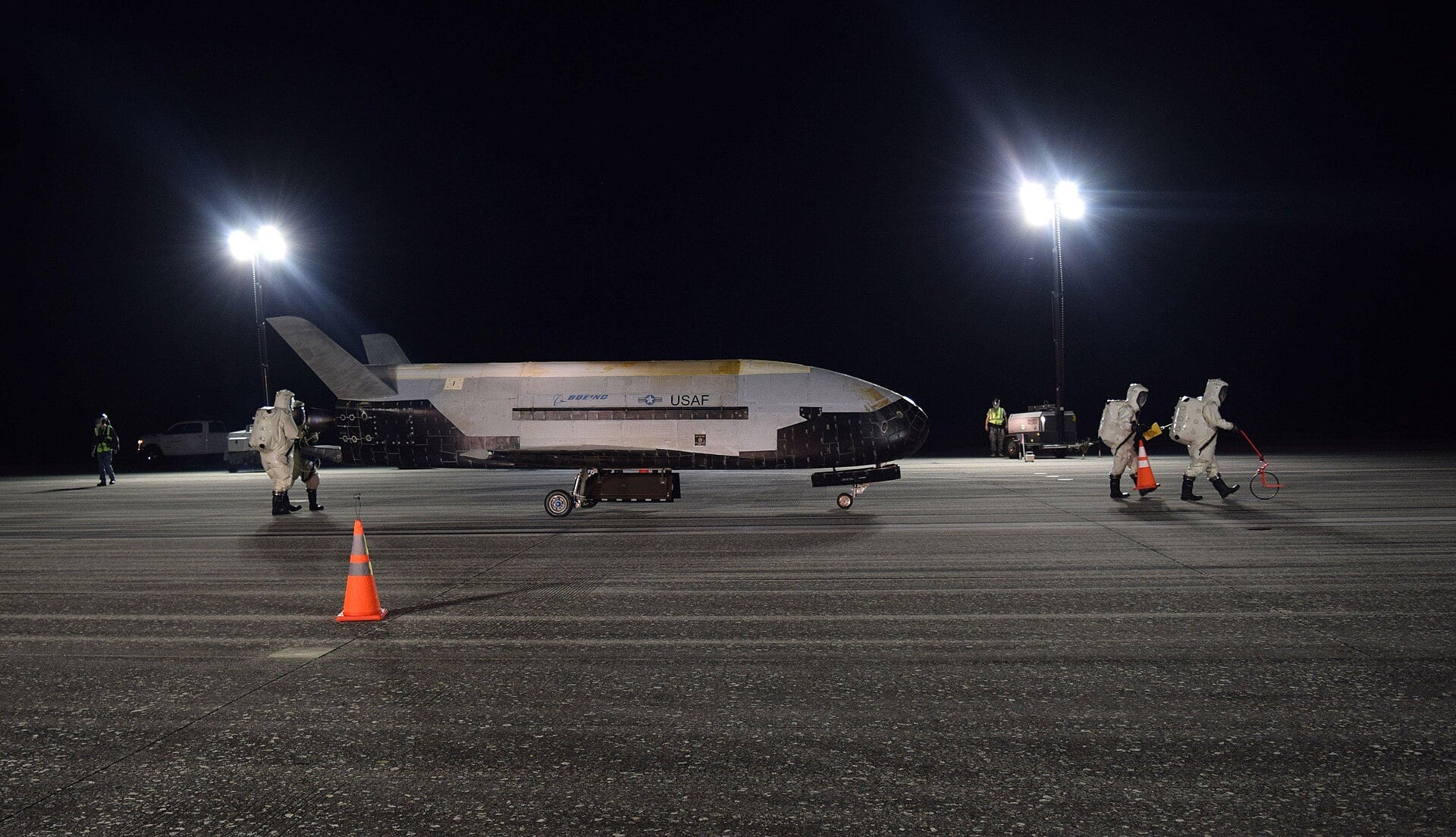 X-37B spaceplane after landing at Kennedy Space Center The X-37B Orbital Test Vehicle after landing at NASA Kennedy Space Center in October 2019