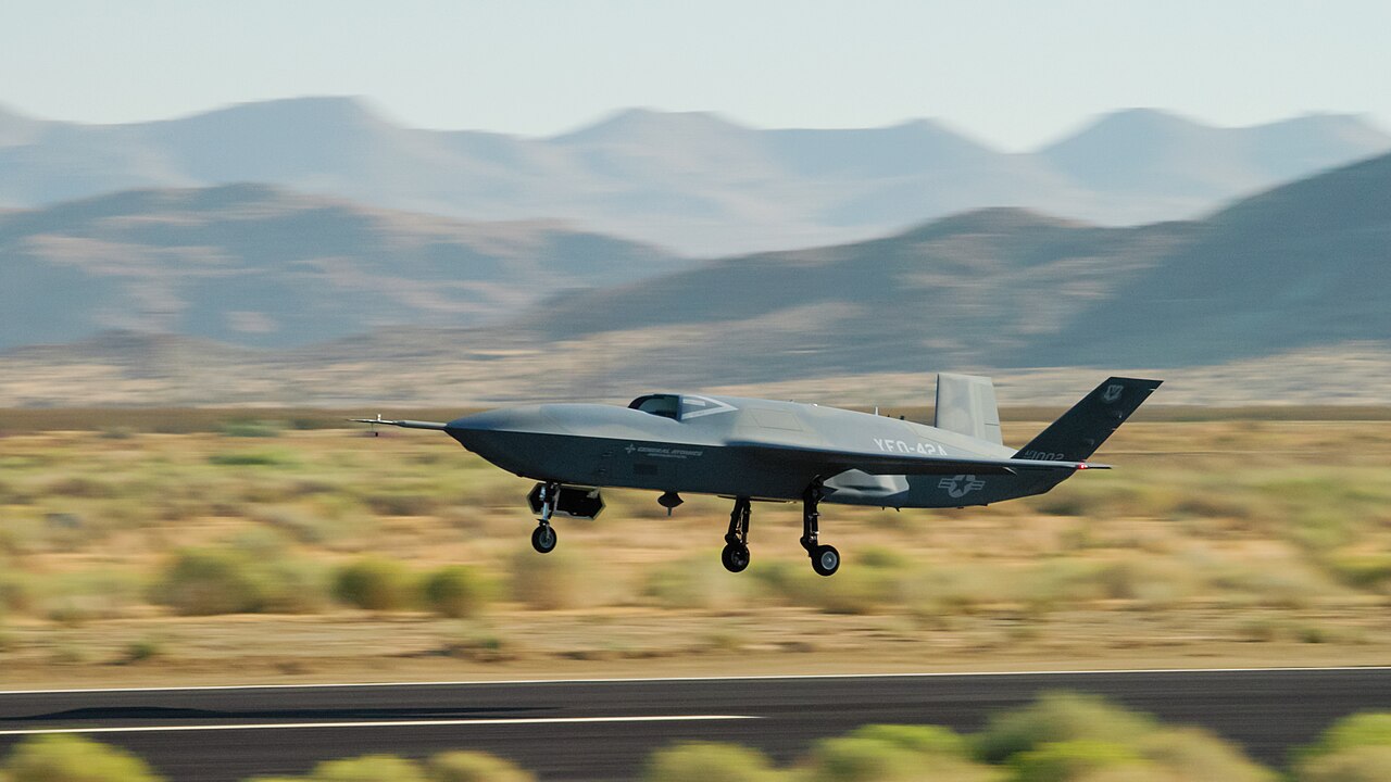 A YFQ-42A Collaborative Combat Aircraft lifting off during a flight test in California