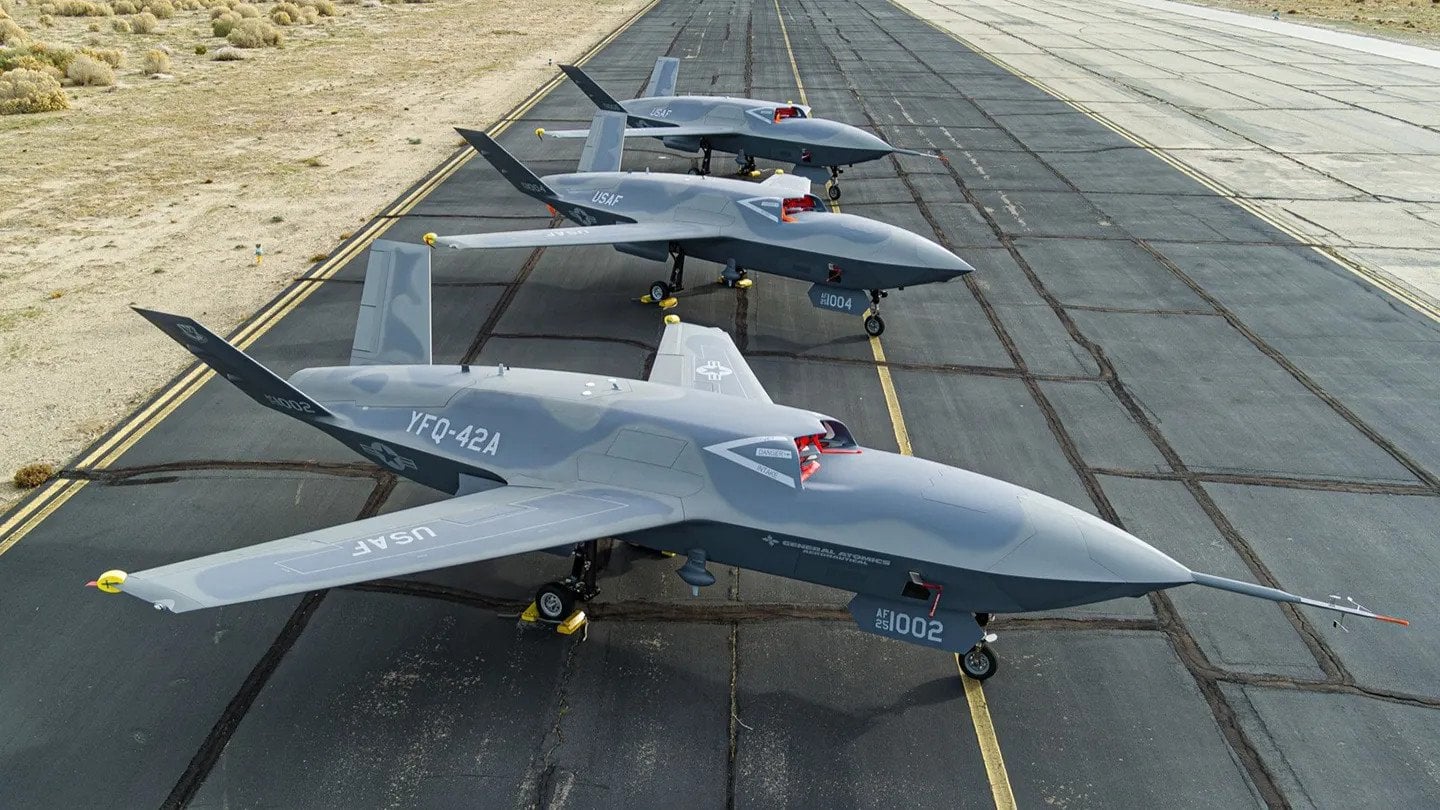 A row of General Atomics YFQ-42A prototypes