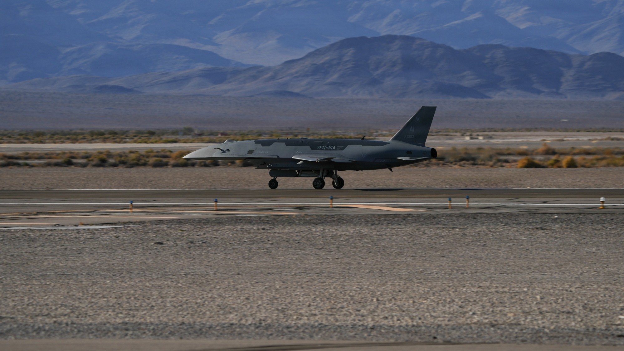 A YFQ-44A Fury of the Collaborative Combat Aircraft Experimental Operations Unit lands at Creech Air Force Base, Nevada, 20 July 2026