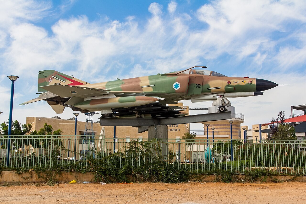 Israeli Air Force F-4E Phantom of 119 Squadron with the bat emblem on the tail, on display at Giv’at Olga