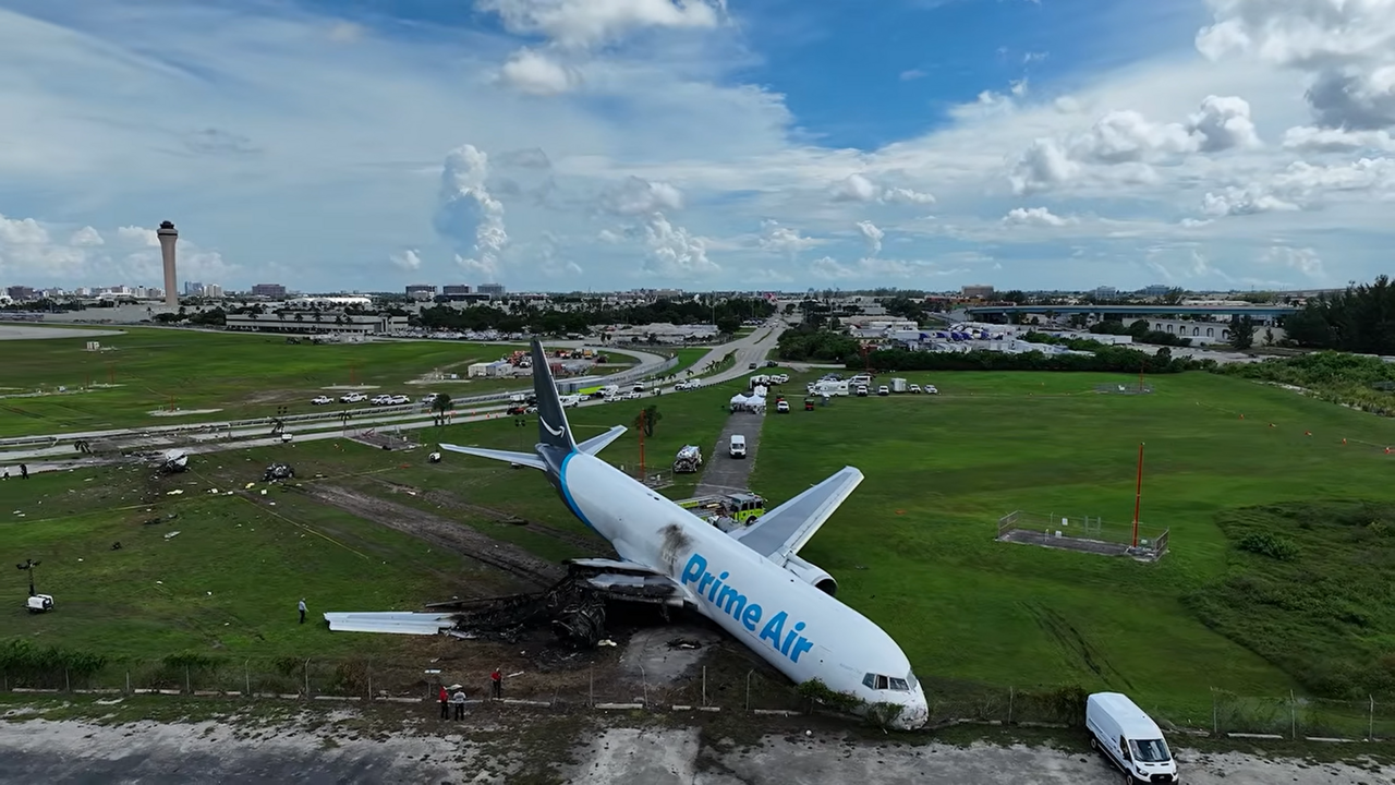 Aerial view of the 21 Air flight 7598 Boeing 767 crash site at Miami International Airport