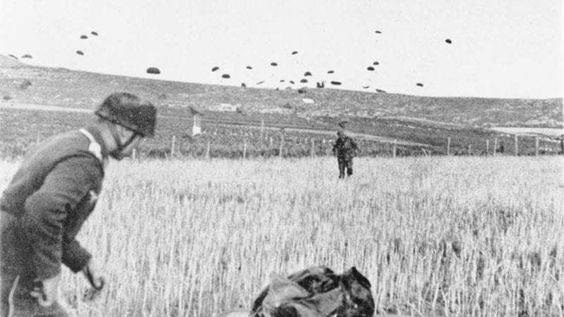 German Fallschirmjäger paratroopers dropping over Crete from Ju 52 transports in May 1941