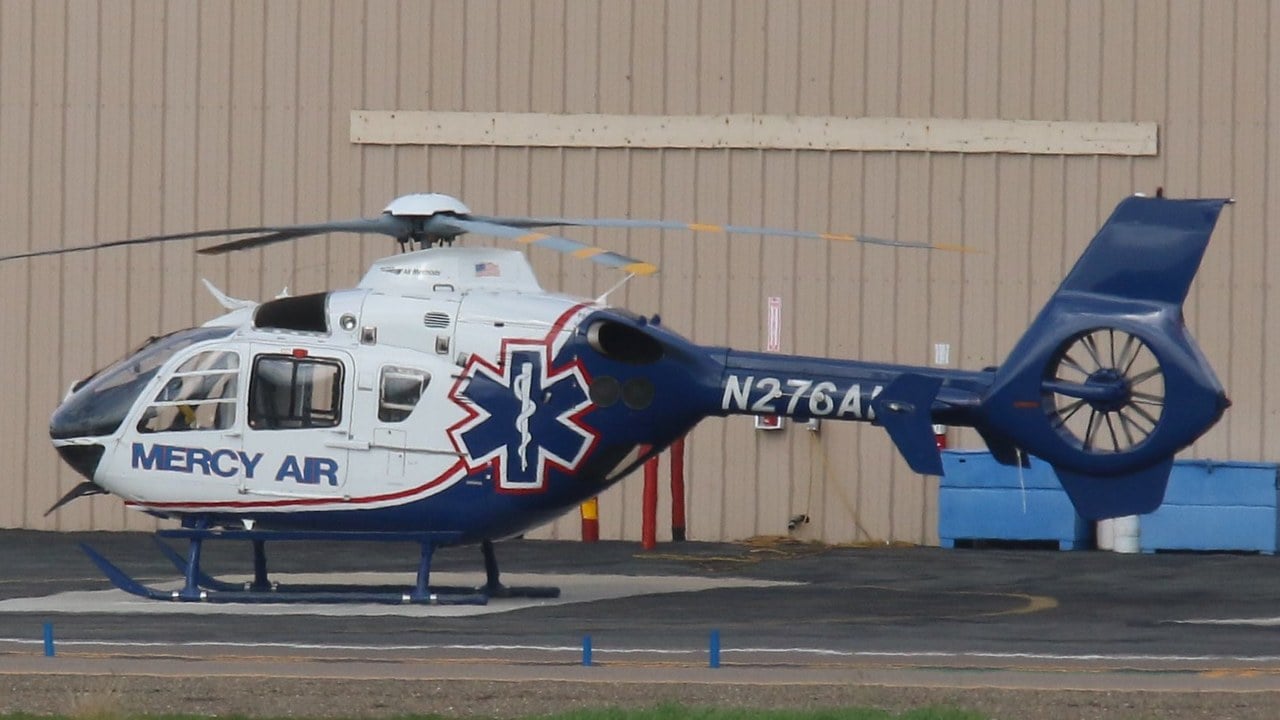 Mercy Air Eurocopter EC135 air ambulance parked at Gillespie Field, San Diego County