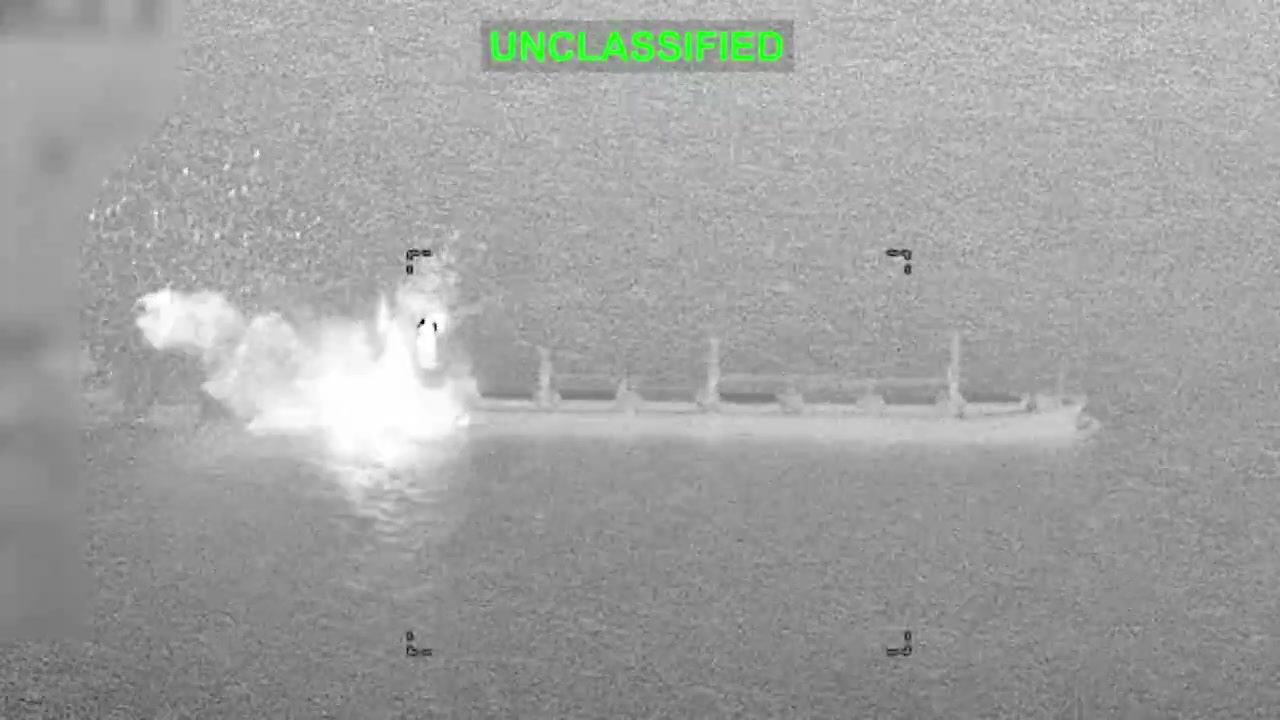 Infrared targeting footage of a precision munition hitting the stern of the cargo ship Ocean Molica