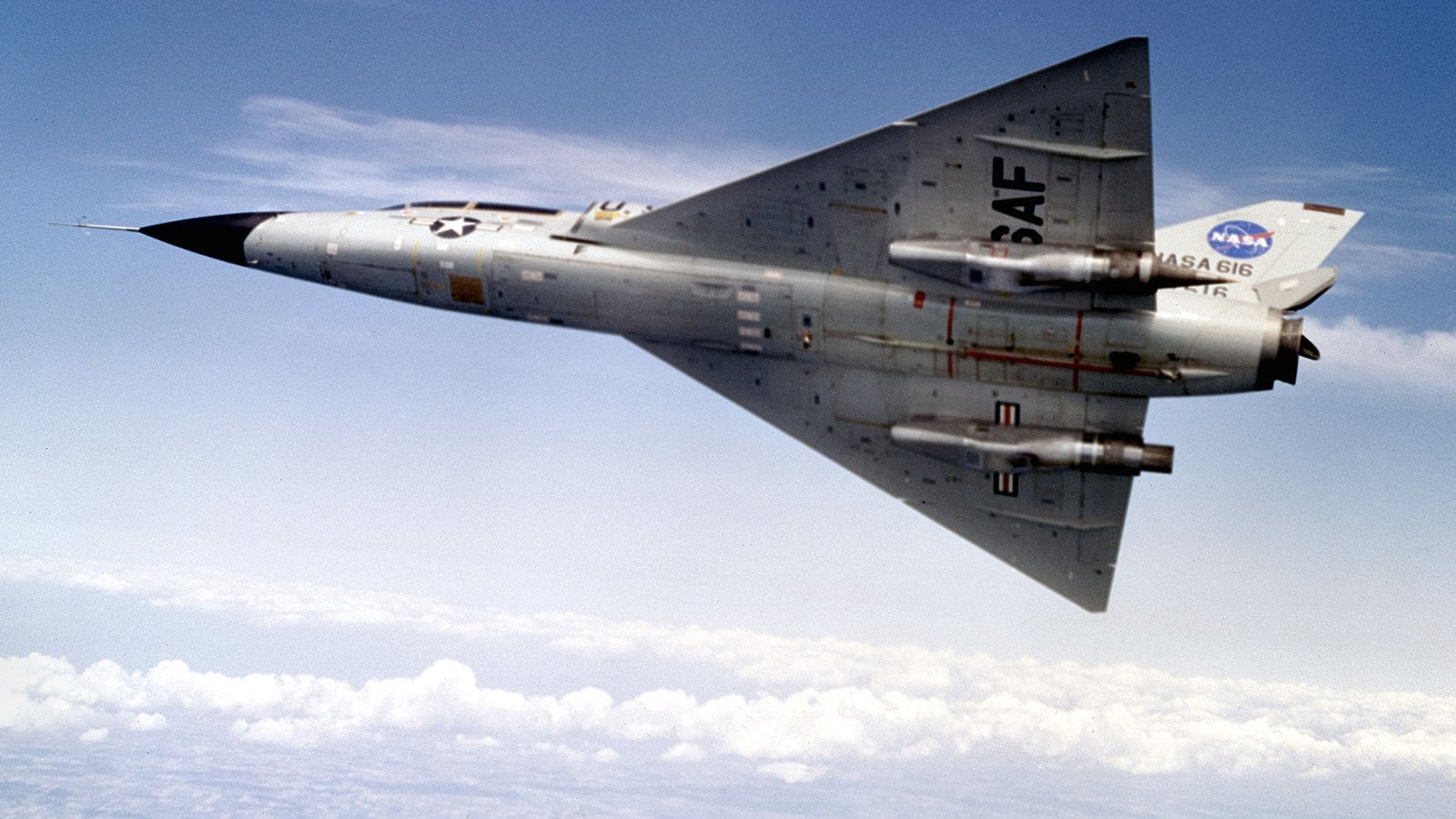 NASA Convair F-106B Delta Dart banking to show its delta wing planform