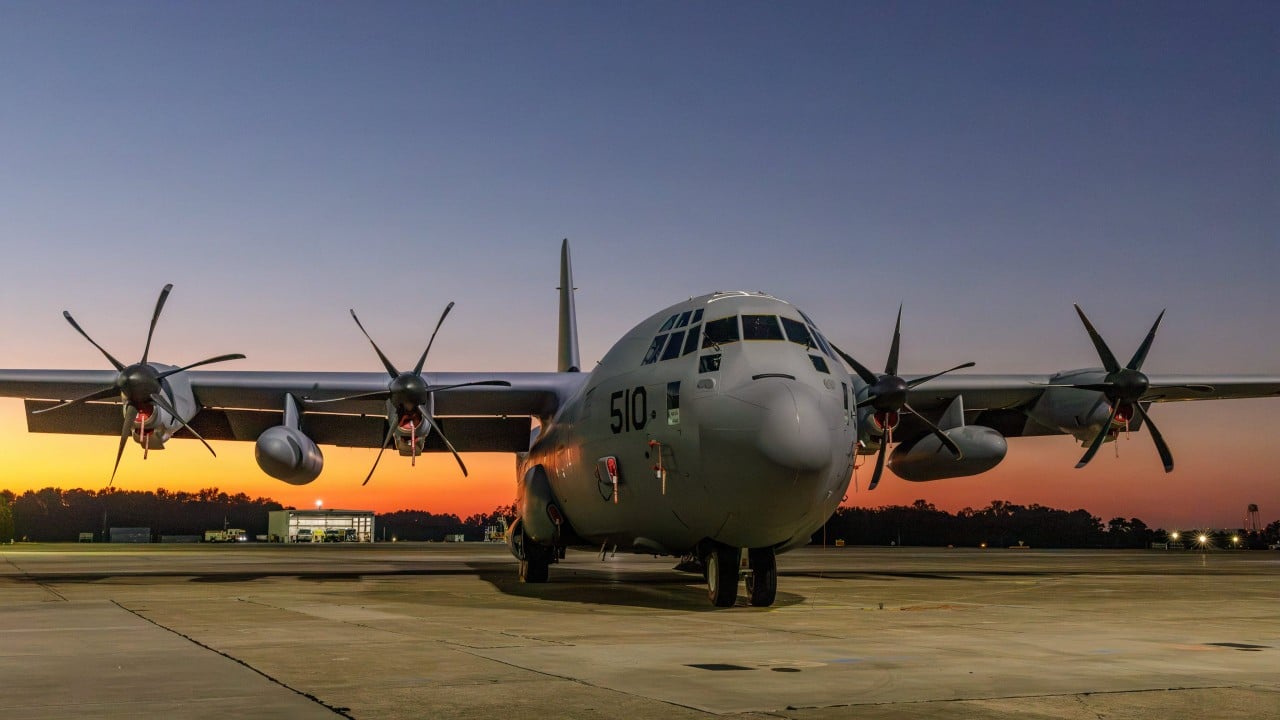 First C-130J-30 for the E-130J Phoenix II The first US Navy C-130J-30 for the E-130J program, tail number 510, on the ramp at dusk in Marietta