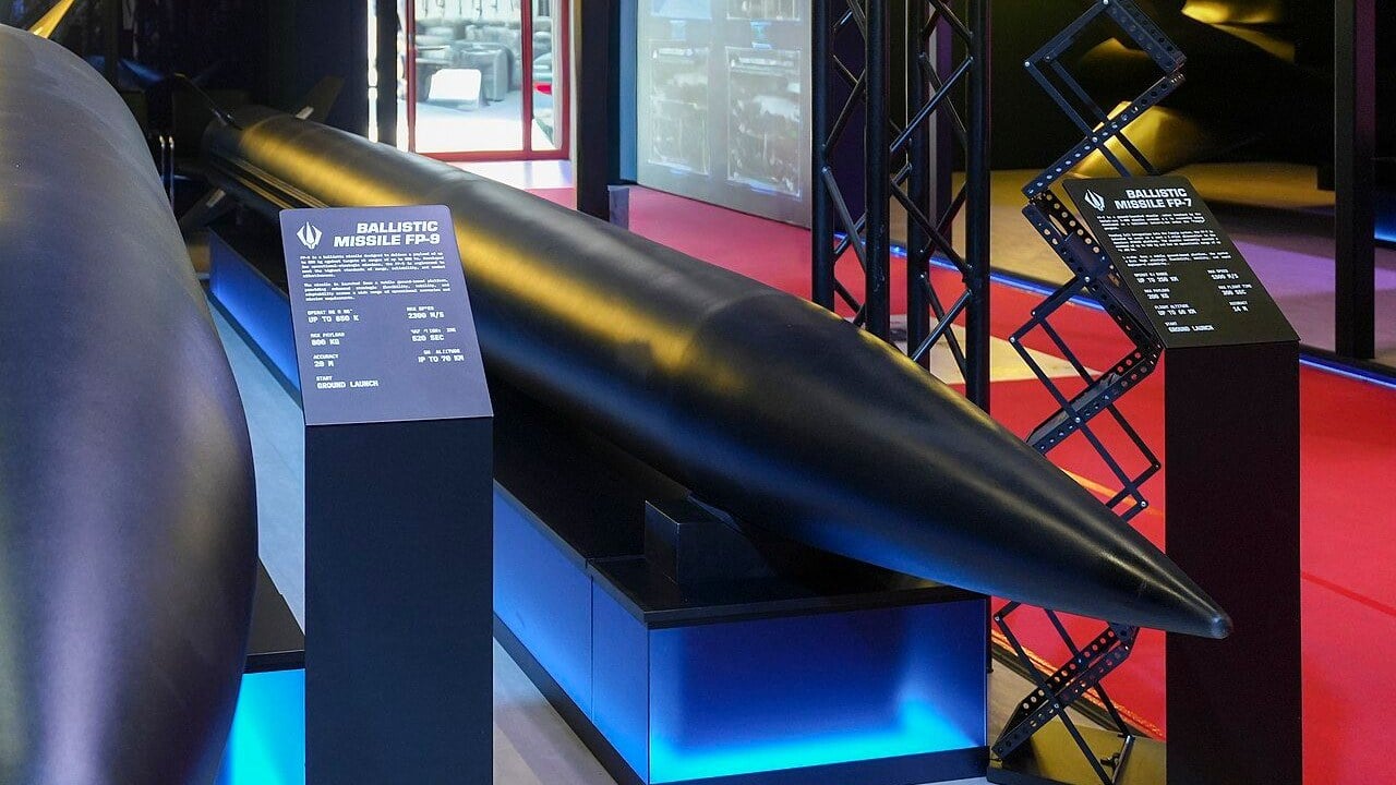 Mock-up of Fire Point's FP-7 ballistic missile with its information board on the company's stand at MSPO 2026