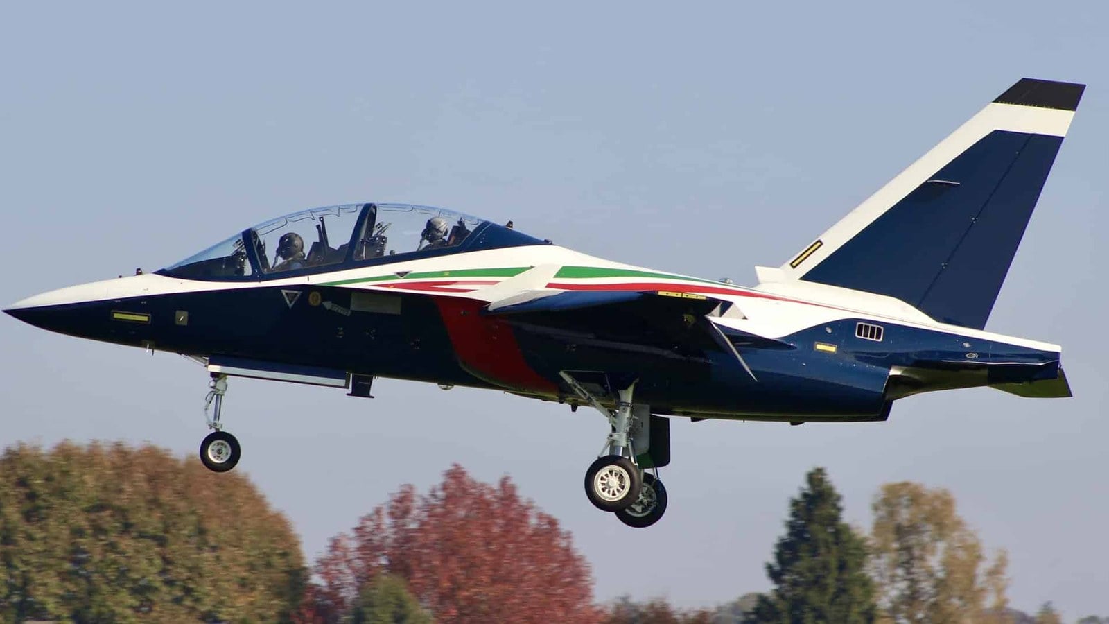 Frecce Tricolori M-346 first flight, Venegono First Frecce Tricolori M-346 airborne at Venegono with landing gear down