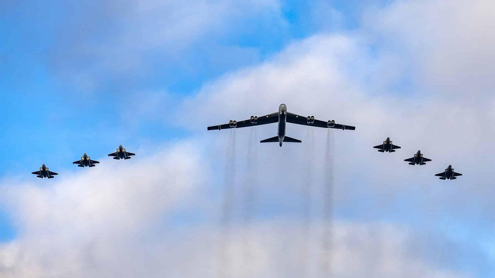 UK F-35Bs and Norwegian F-35As escorting a US Air Force B-52H during Global Thunder 27