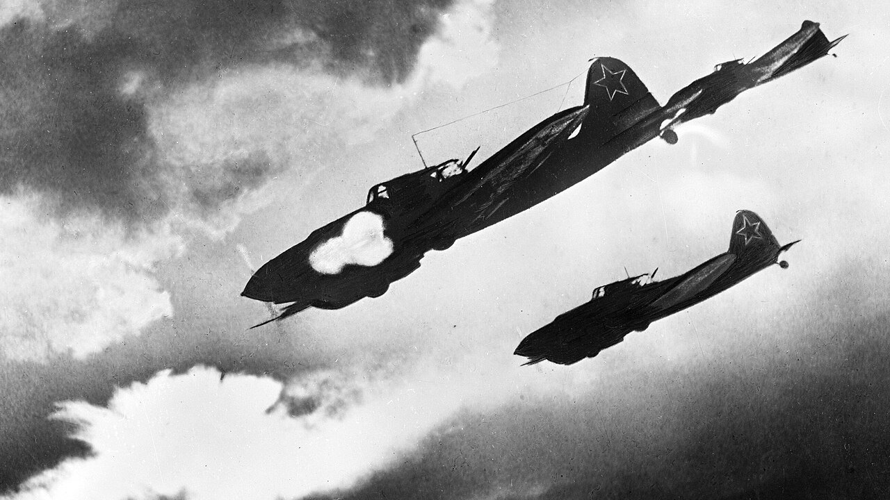 Soviet Il-2 Shturmovik ground-attack aircraft attacking during the Battle of Kursk, July 1943