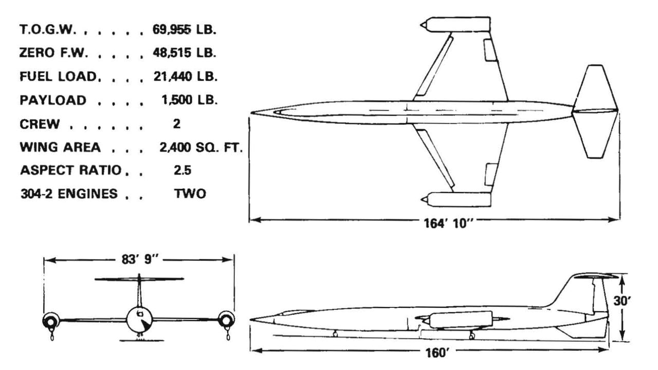 Three-view drawing of the Lockheed CL-400 Suntan liquid hydrogen reconnaissance aircraft