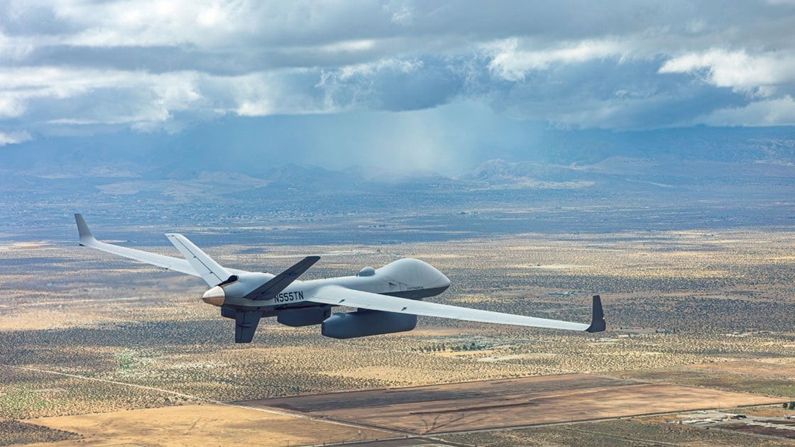 GA-ASI MQ-9B drone carrying Saab LoyalEye airborne early warning pods in flight