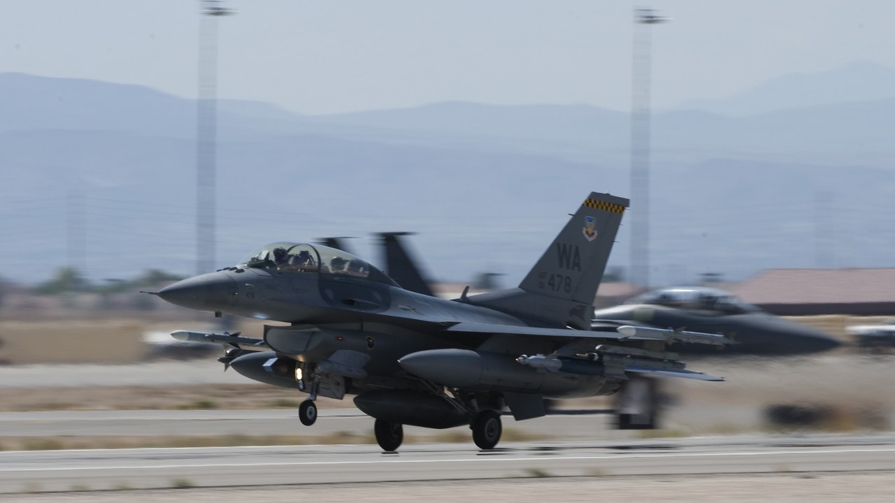 US Air Force F-16 taking off at Nellis Air Force Base