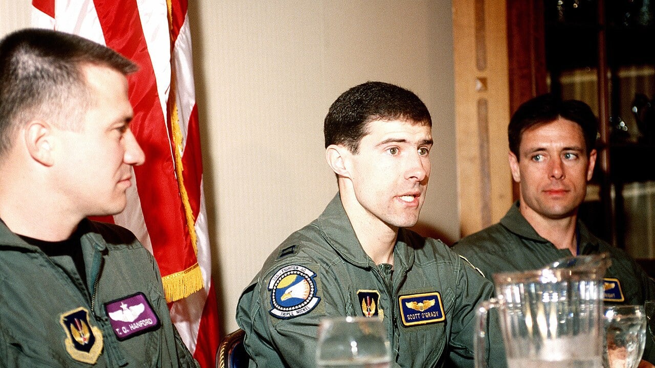 Captains T.O. Hanford, Scott O'Grady and Bob Wright at a press conference after O'Grady's rescue in June 1995