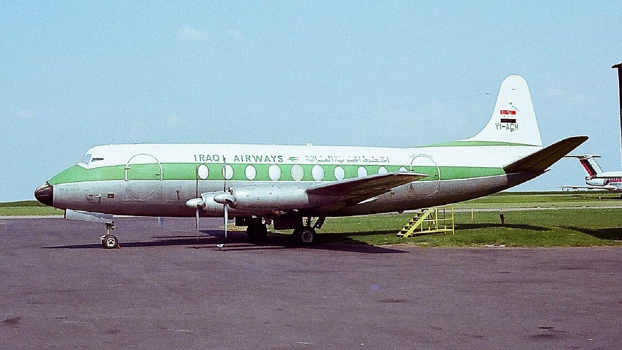 A Vickers Viscount 735 in Iraqi Airways green and white livery parked at East Midlands Airport