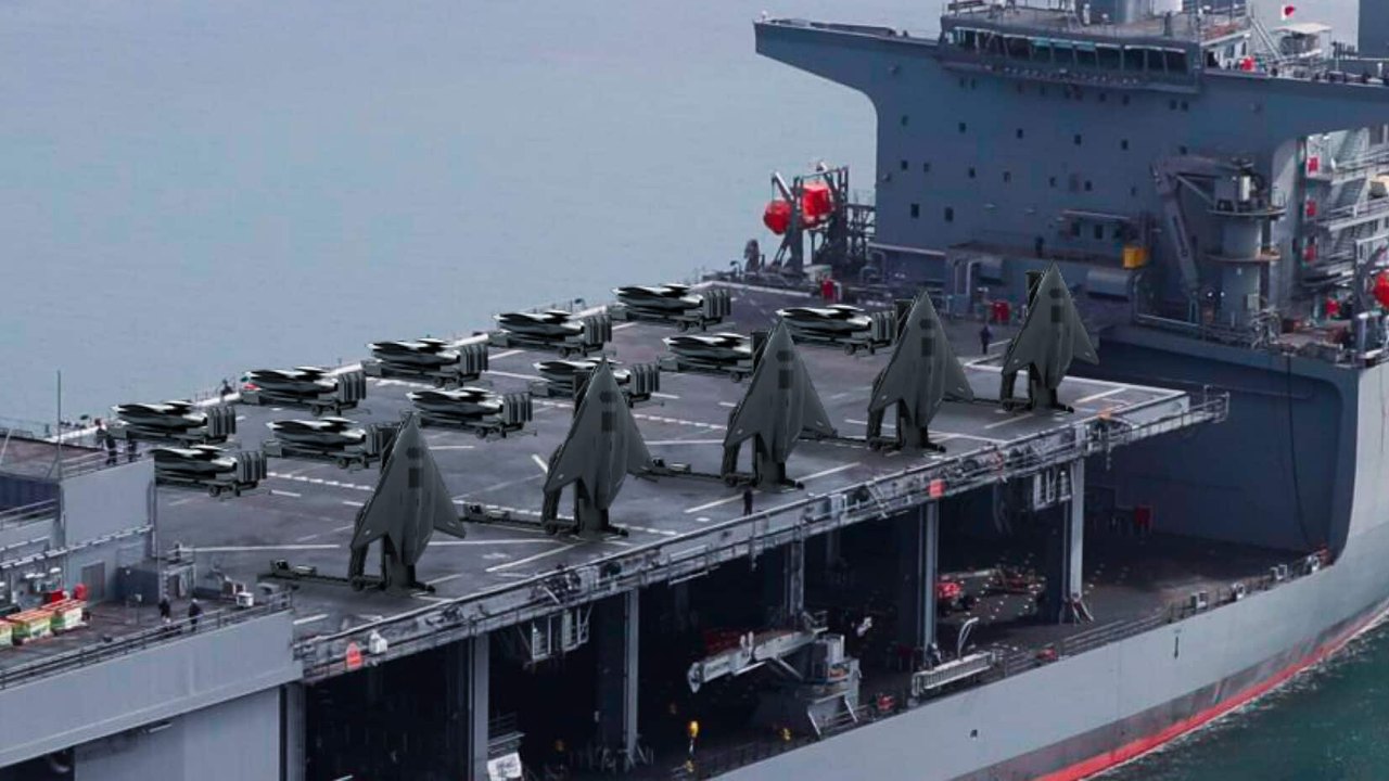 Shield AI rendering of X-BAT VTOL fighter drones parked on the deck of a Navy expeditionary ship