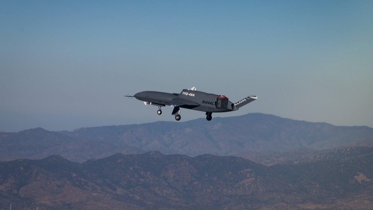 Northrop Grumman YFQ-48A Talon Blue drone wingman taking off at Mojave on its first flight