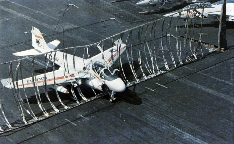 A-6E Intruder of VA-196 caught in the barricade on USS Enterprise in 1978