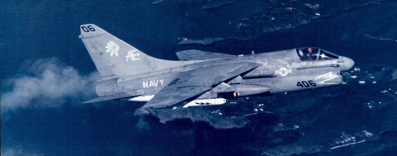 A US Navy A-7E Corsair II of Attack Squadron 87 in flight off Grenada in late October 1983