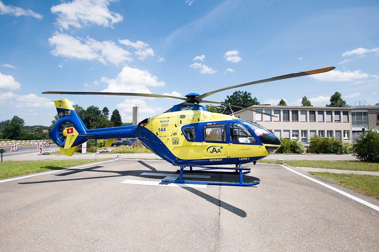 AAA Alpine Air Ambulance Eurocopter EC135 HB-ZJE on the helipad of Langenthal hospital