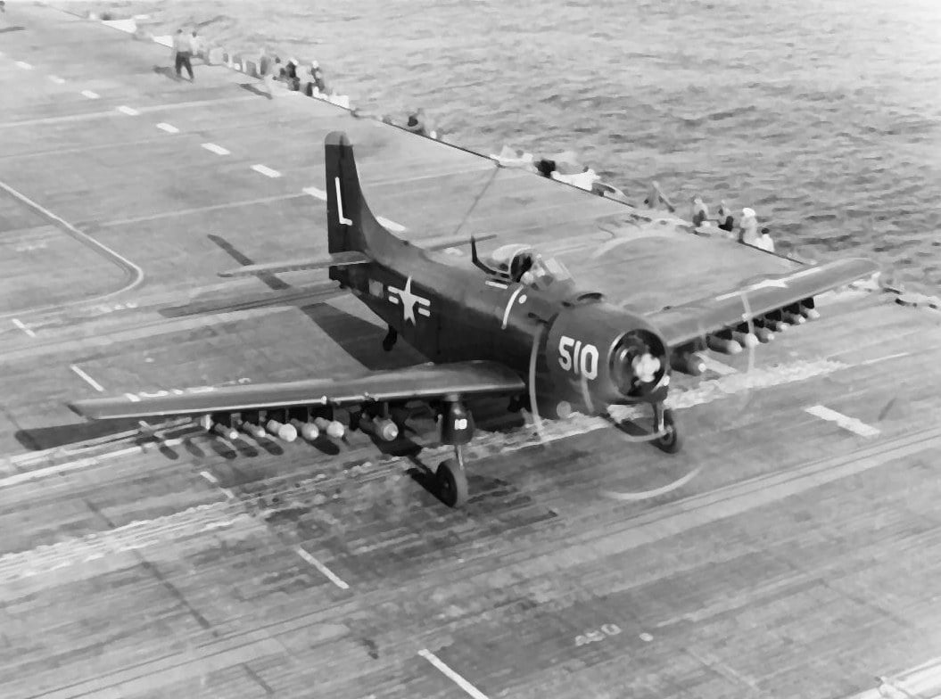 A fully armed US Navy AD-4 Skyraider of Attack Squadron 75 taking off from the carrier USS Bon Homme Richard off Korea in 1952