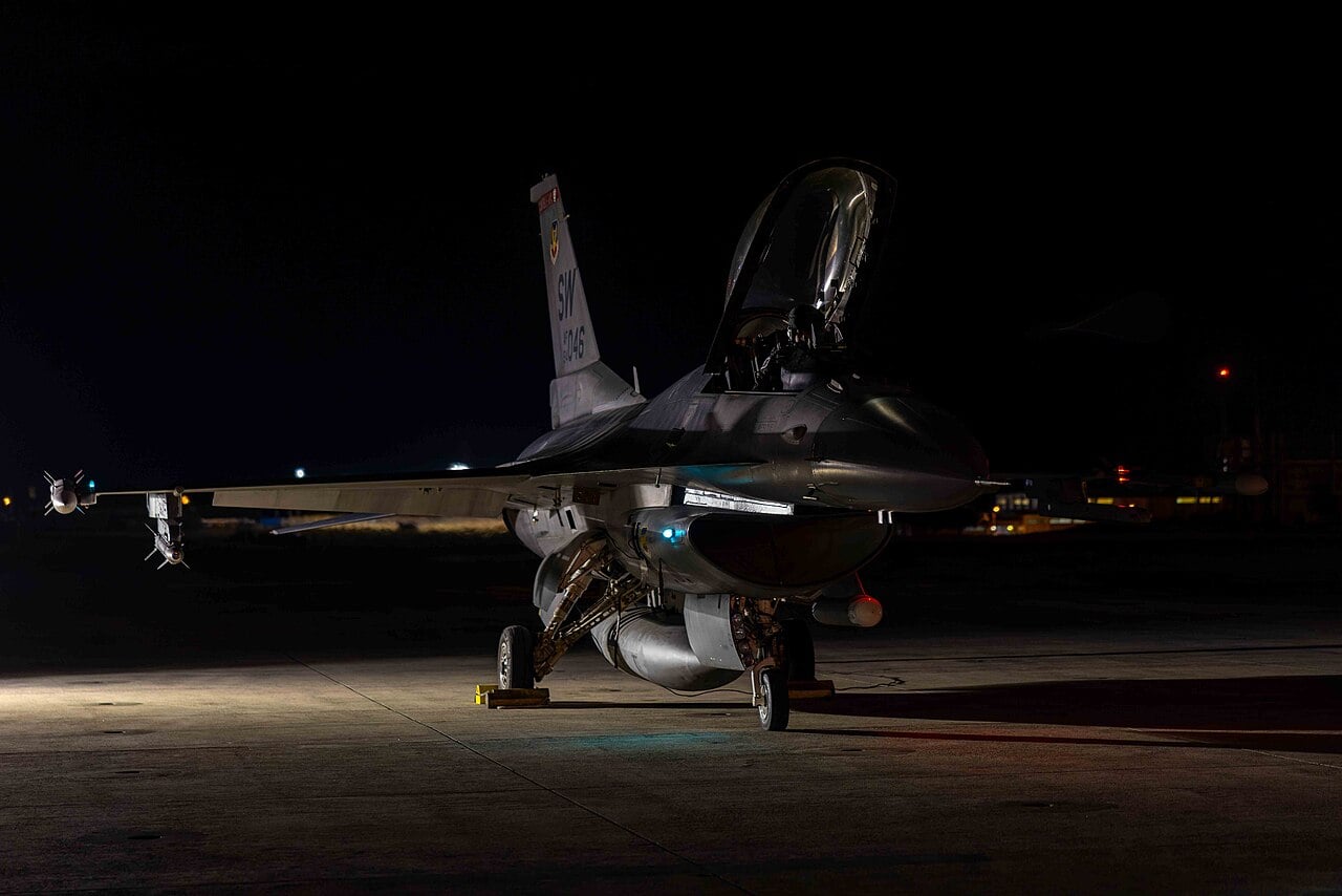 US Air Force F-16 on a dark ramp during Agile Combat Employment training