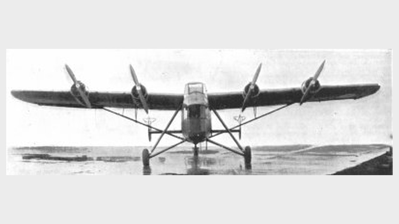 The sole Airspeed AS.39 Fleet Shadower prototype seen head-on with four Pobjoy engines on its high wing