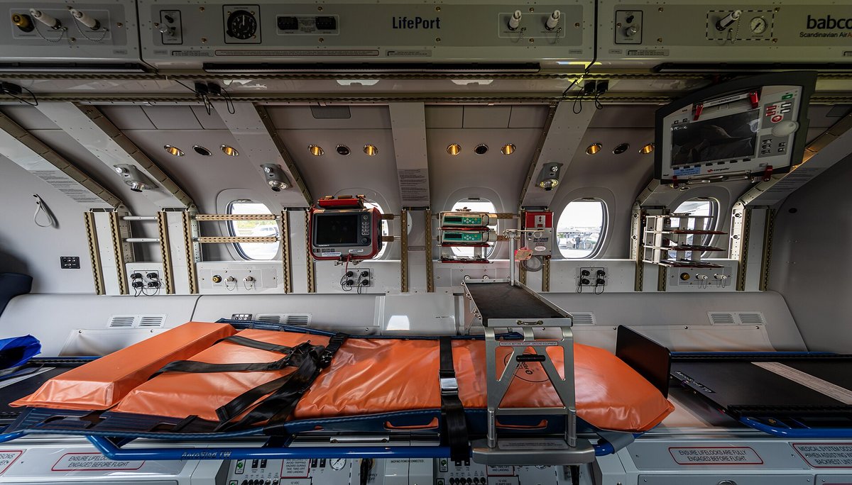 Stretcher and intensive care equipment inside an ambulance jet shown at EBACE 2019 in Geneva