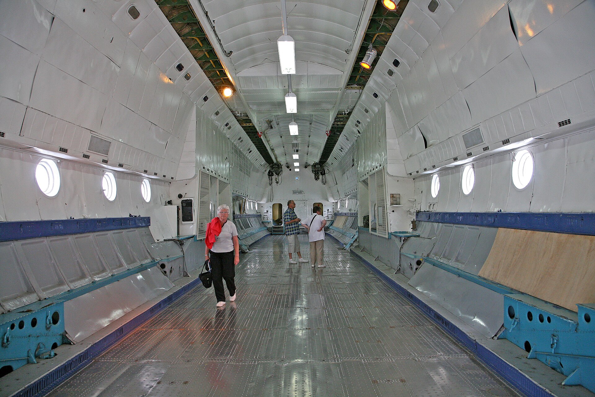 The interior of a large military transport aircraft cargo hold