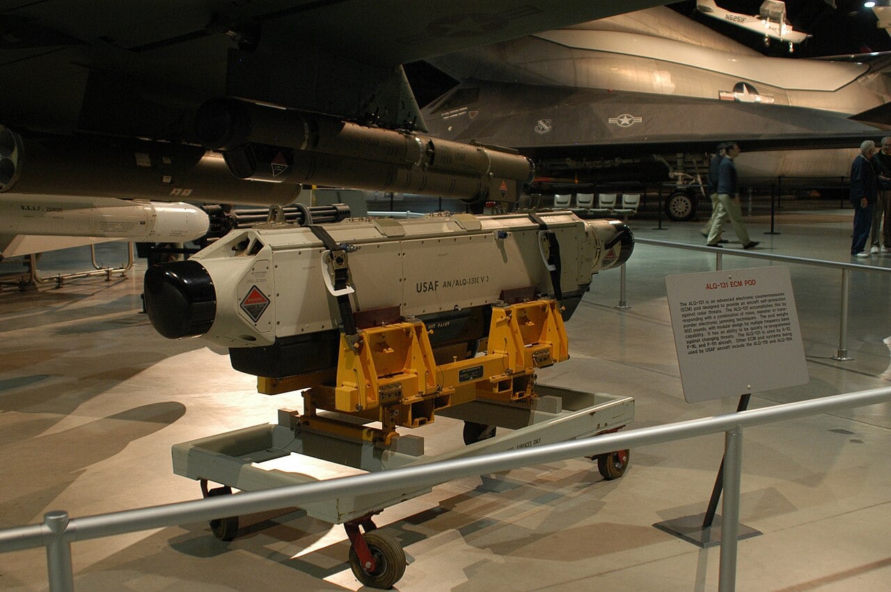 USAF AN/ALQ-131(V) electronic countermeasures pod on a transport trolley at the National Museum of the United States Air Force