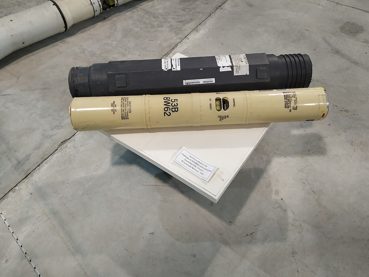 AN/SSQ-53B sonobuoy displayed beside its launch container