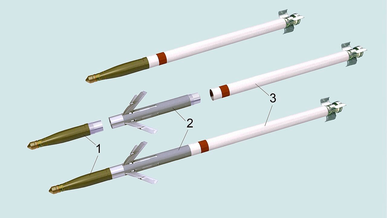 Diagram of an APKWS laser-guided rocket showing the warhead, guidance section and rocket motor