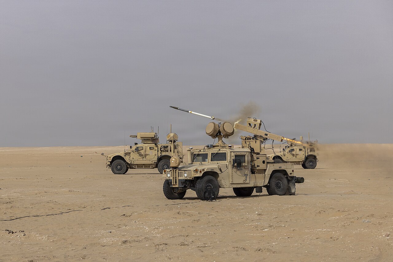 US Army EAGLS counter-drone launcher firing an APKWS laser-guided Hydra 70 rocket during Exercise Sky Shield in Kuwait