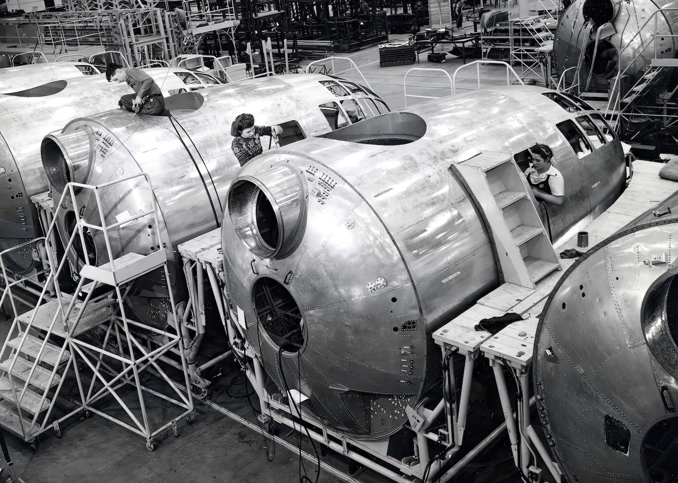 Forward pressurized compartment of a B-29 Superfortress under assembly at Boeing