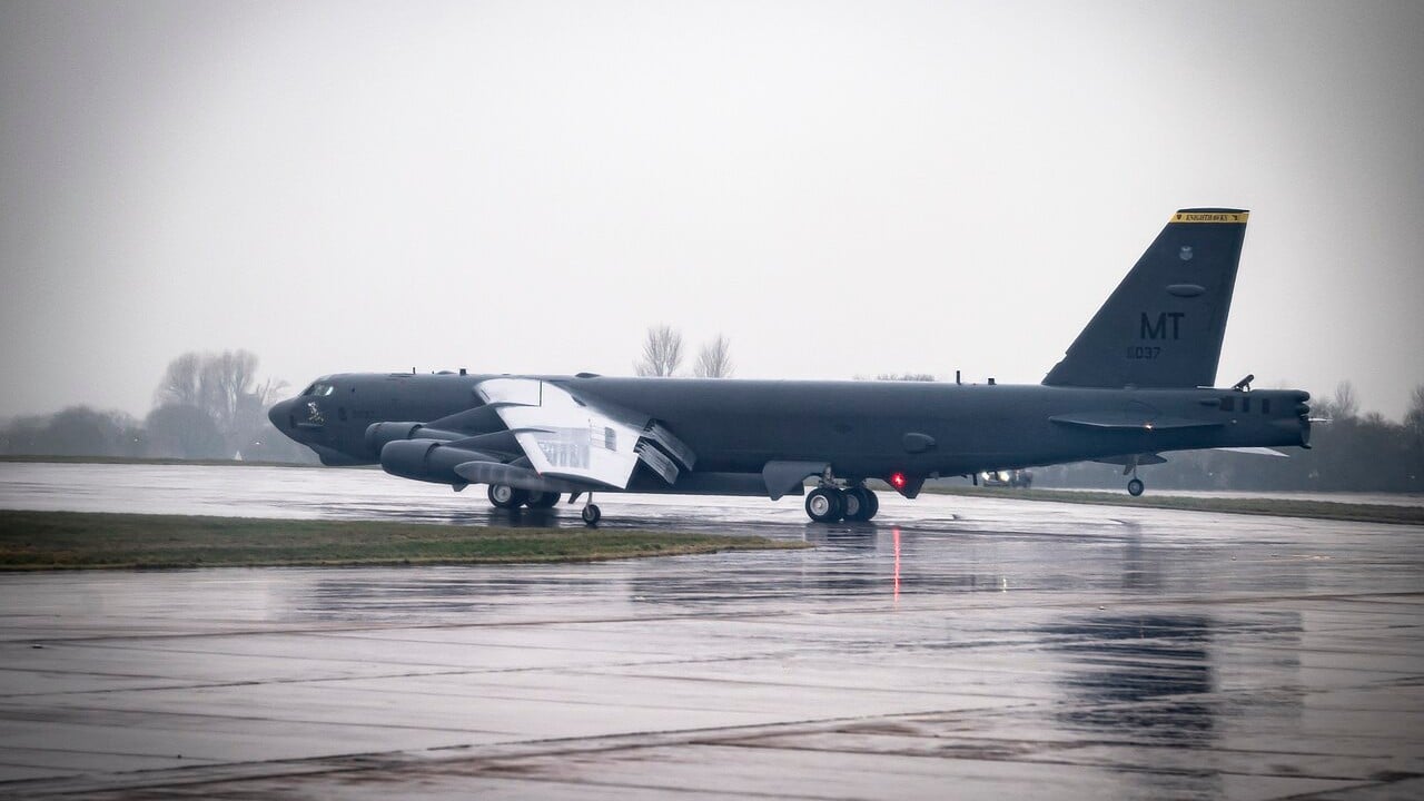 B-52H Stratofortress on a wet runway at RAF Fairford during Bomber Task Force 25-2